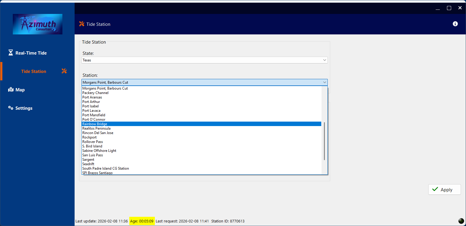 Tide station selection page
